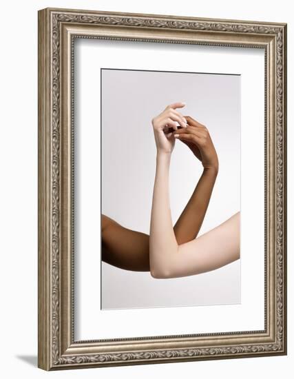 Plexus of Female Hands. Graceful Female Hands Touch Each Other Isolated on Grey Studio Background.-master1305-Framed Photographic Print