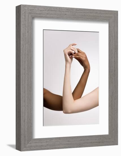Plexus of Female Hands. Graceful Female Hands Touch Each Other Isolated on Grey Studio Background.-master1305-Framed Photographic Print