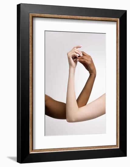 Plexus of Female Hands. Graceful Female Hands Touch Each Other Isolated on Grey Studio Background.-master1305-Framed Photographic Print