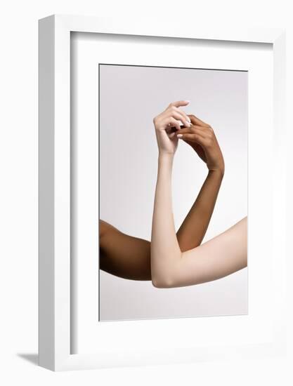 Plexus of Female Hands. Graceful Female Hands Touch Each Other Isolated on Grey Studio Background.-master1305-Framed Photographic Print