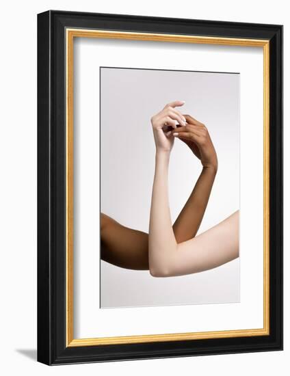 Plexus of Female Hands. Graceful Female Hands Touch Each Other Isolated on Grey Studio Background.-master1305-Framed Photographic Print