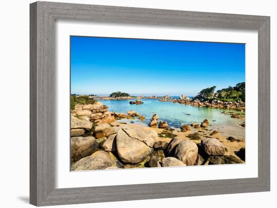 Ploumanach, Rocks and Bay Beach in Morning. Pink Granite Coast, Perros Guirec, Brittany, France-stevanzz-Framed Photographic Print