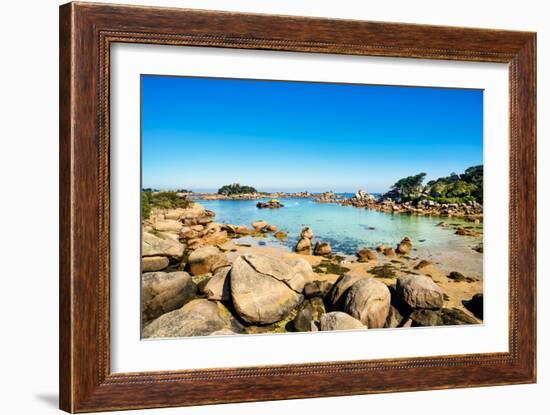 Ploumanach, Rocks and Bay Beach in Morning. Pink Granite Coast, Perros Guirec, Brittany, France-stevanzz-Framed Photographic Print