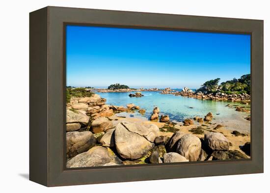 Ploumanach, Rocks and Bay Beach in Morning. Pink Granite Coast, Perros Guirec, Brittany, France-stevanzz-Framed Premier Image Canvas