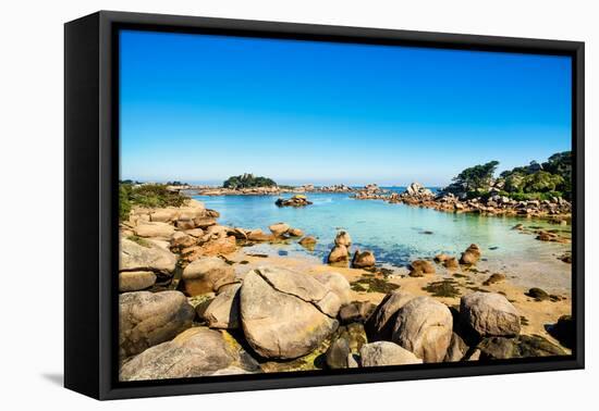 Ploumanach, Rocks and Bay Beach in Morning. Pink Granite Coast, Perros Guirec, Brittany, France-stevanzz-Framed Premier Image Canvas