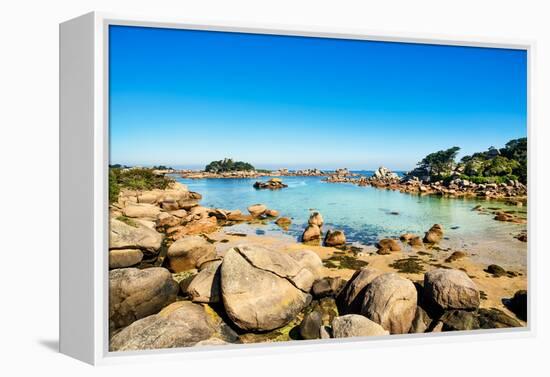 Ploumanach, Rocks and Bay Beach in Morning. Pink Granite Coast, Perros Guirec, Brittany, France-stevanzz-Framed Premier Image Canvas