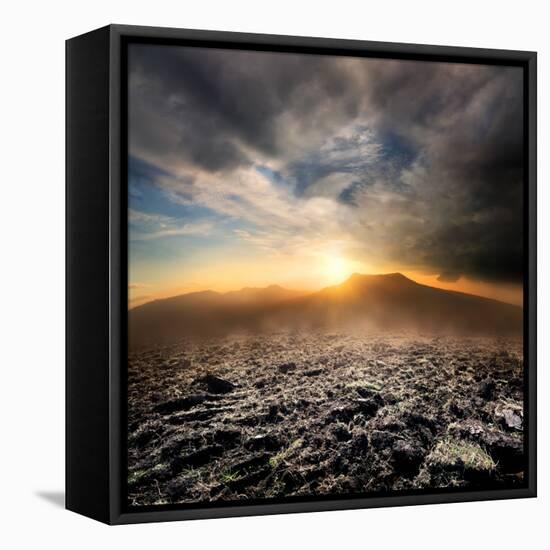 Plowed Field in the Mountains at Sunset-Givaga-Framed Premier Image Canvas