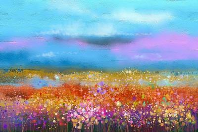 Abstract Colorful Oil Painting Landscape Background. Semi Abstract Image of  Wildflower and Field. Y' Art Print - pluie_r 