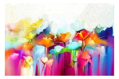 Colorful Red Flowers Oil Wall Art Retro Vase Canvas Print Giclee HomeDecor Large