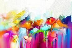 Abstract Colorful Oil Painting Landscape on Canvas. Semi- Abstract Image of Flowers in Meadows ( Fi-pluie_r-Art Print