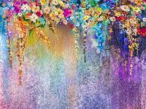 Abstract Colorful Fantasy Oil Painting. Semi Abstract of Tree, Flower and Fish in Landscape. Spring-pluie_r-Art Print
