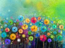 Watercolor Painting Purple Cosmos Flower, White Daisy, Cornflower, Wildflower. Flowers Meadow, Gree-pluie_r-Art Print