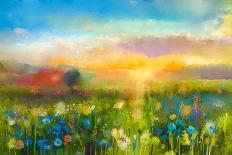 Oil Painting Flowers Dandelion, Cornflower, Daisy in Fields. Sunset Meadow Landscape with Wildflowe-pluie_r-Art Print