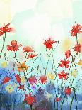Watercolor Red Poppy Flowers Painting. Flower Paint in Soft Color and Blur Style, Soft Green and Pu-pluie_r-Art Print