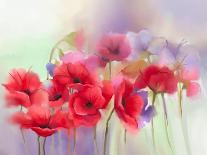 Watercolor Red Poppy Flowers Painting. Flower Paint in Soft Color and Blur Style, Soft Green and Pu-pluie_r-Art Print
