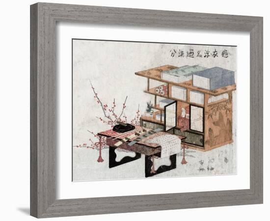 Plum Branches beside Bookshelves and Desk, Japanese Wood-Cut Print-Lantern Press-Framed Art Print