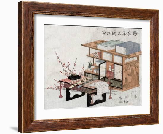 Plum Branches beside Bookshelves and Desk, Japanese Wood-Cut Print-Lantern Press-Framed Art Print