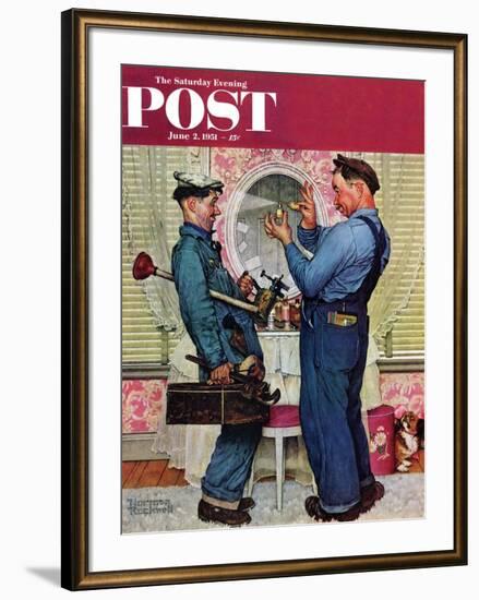 "Plumbers" Saturday Evening Post Cover, June 2,1951-Norman Rockwell-Framed Giclee Print