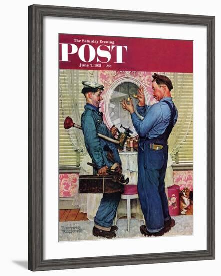 "Plumbers" Saturday Evening Post Cover, June 2,1951-Norman Rockwell-Framed Giclee Print