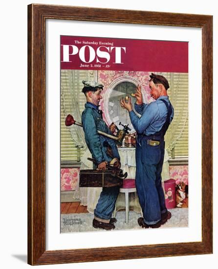 "Plumbers" Saturday Evening Post Cover, June 2,1951-Norman Rockwell-Framed Giclee Print