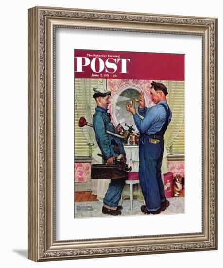 "Plumbers" Saturday Evening Post Cover, June 2,1951-Norman Rockwell-Framed Giclee Print