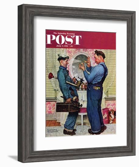 "Plumbers" Saturday Evening Post Cover, June 2,1951-Norman Rockwell-Framed Giclee Print