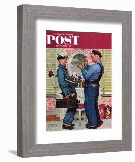 "Plumbers" Saturday Evening Post Cover, June 2,1951-Norman Rockwell-Framed Giclee Print