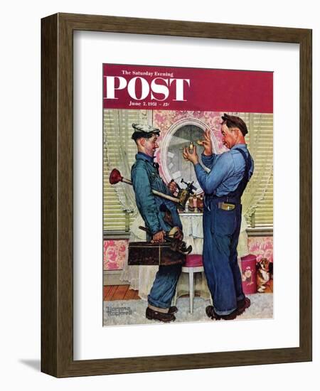 "Plumbers" Saturday Evening Post Cover, June 2,1951-Norman Rockwell-Framed Giclee Print