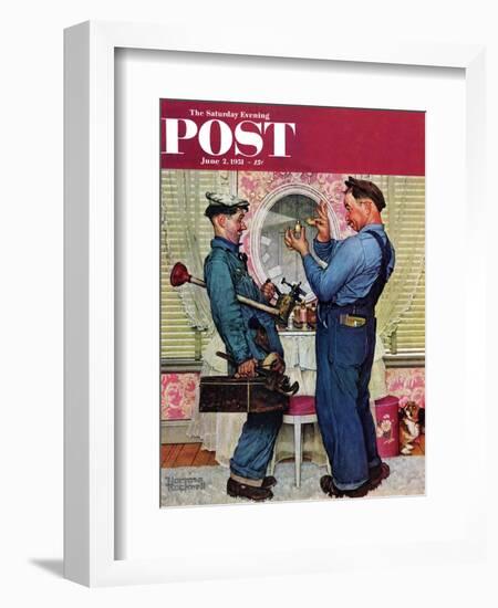 "Plumbers" Saturday Evening Post Cover, June 2,1951-Norman Rockwell-Framed Giclee Print