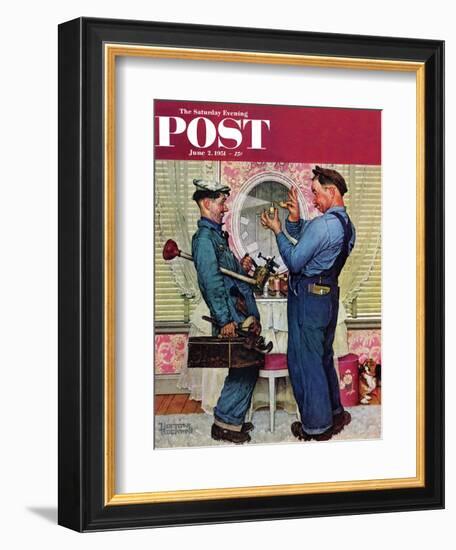 "Plumbers" Saturday Evening Post Cover, June 2,1951-Norman Rockwell-Framed Giclee Print