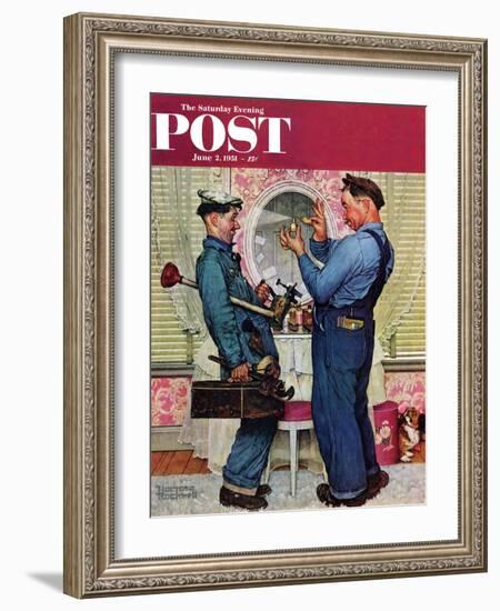 "Plumbers" Saturday Evening Post Cover, June 2,1951-Norman Rockwell-Framed Giclee Print