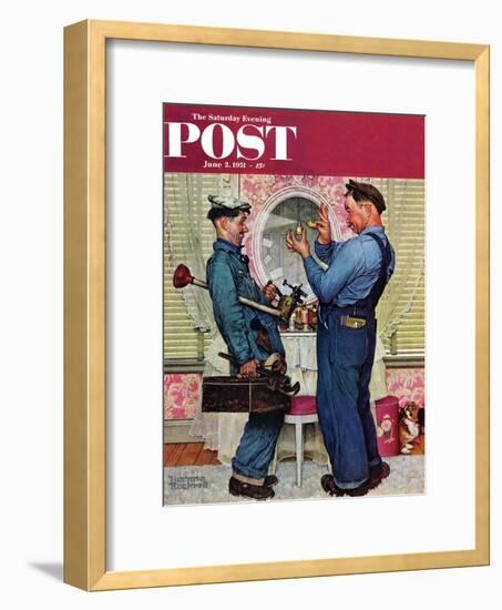 "Plumbers" Saturday Evening Post Cover, June 2,1951-Norman Rockwell-Framed Giclee Print