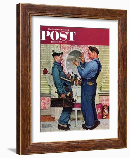 "Plumbers" Saturday Evening Post Cover, June 2,1951-Norman Rockwell-Framed Giclee Print