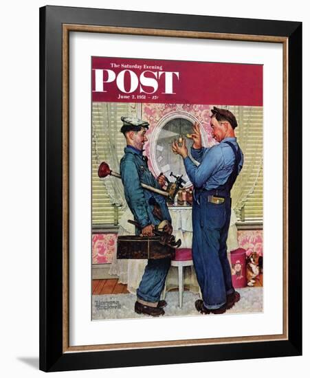 "Plumbers" Saturday Evening Post Cover, June 2,1951-Norman Rockwell-Framed Giclee Print