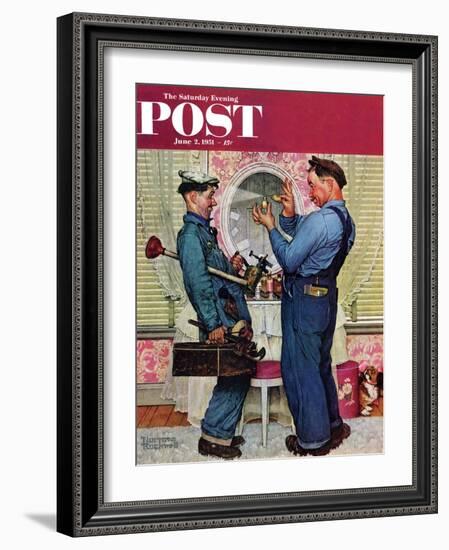 "Plumbers" Saturday Evening Post Cover, June 2,1951-Norman Rockwell-Framed Giclee Print