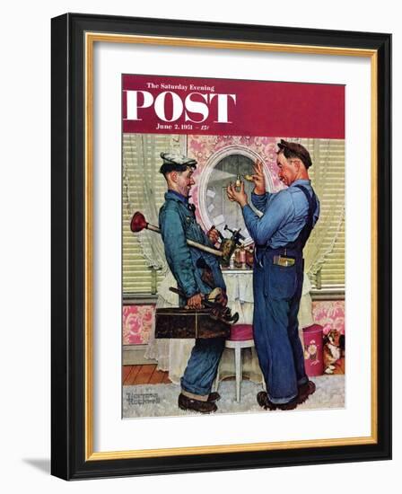 "Plumbers" Saturday Evening Post Cover, June 2,1951-Norman Rockwell-Framed Giclee Print