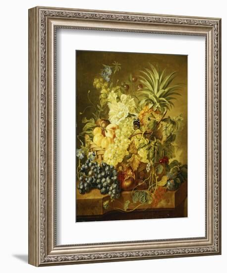 Plums, a Peach, Grapes, a Melon, a Pineapple, a Fig, Currants, Cherries and Flowers in a Basket,…-Jan van Huysum-Framed Giclee Print