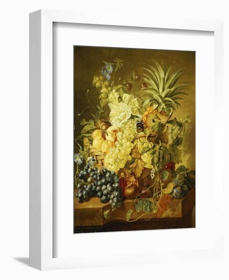 Plums, a Peach, Grapes, a Melon, a Pineapple, a Fig, Currants, Cherries and Flowers in a Basket,…-Jan van Huysum-Framed Giclee Print