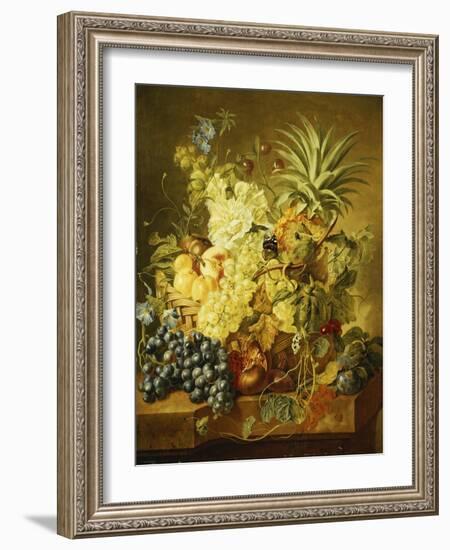 Plums, a Peach, Grapes, a Melon, a Pineapple, a Fig, Currants, Cherries and Flowers in a Basket,…-Jan van Huysum-Framed Giclee Print