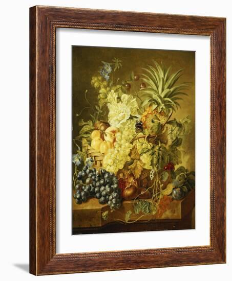 Plums, a Peach, Grapes, a Melon, a Pineapple, a Fig, Currants, Cherries and Flowers in a Basket,…-Jan van Huysum-Framed Giclee Print