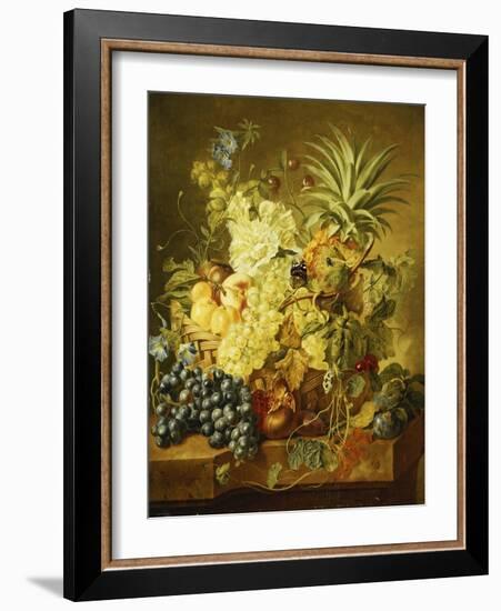 Plums, a Peach, Grapes, a Melon, a Pineapple, a Fig, Currants, Cherries and Flowers in a Basket,…-Jan van Huysum-Framed Giclee Print