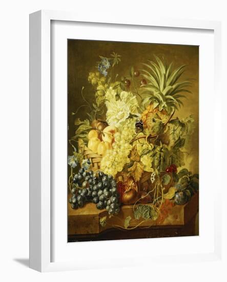 Plums, a Peach, Grapes, a Melon, a Pineapple, a Fig, Currants, Cherries and Flowers in a Basket,…-Jan van Huysum-Framed Giclee Print