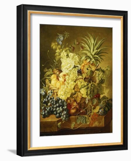 Plums, a Peach, Grapes, a Melon, a Pineapple, a Fig, Currants, Cherries and Flowers in a Basket,…-Jan van Huysum-Framed Giclee Print