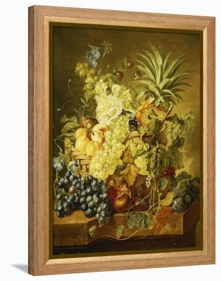 Plums, a Peach, Grapes, a Melon, a Pineapple, a Fig, Currants, Cherries and Flowers in a Basket,…-Jan van Huysum-Framed Premier Image Canvas