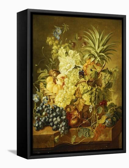 Plums, a Peach, Grapes, a Melon, a Pineapple, a Fig, Currants, Cherries and Flowers in a Basket,…-Jan van Huysum-Framed Premier Image Canvas