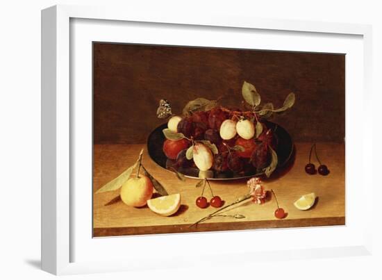 Plums and Peaches on a Pewter Dish with Cherries and a Carnation on a Table-Jacob van Hulsdonck-Framed Giclee Print