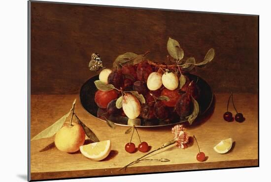 Plums and Peaches on a Pewter Dish with Cherries and a Carnation on a Table-Jacob van Hulsdonck-Mounted Giclee Print
