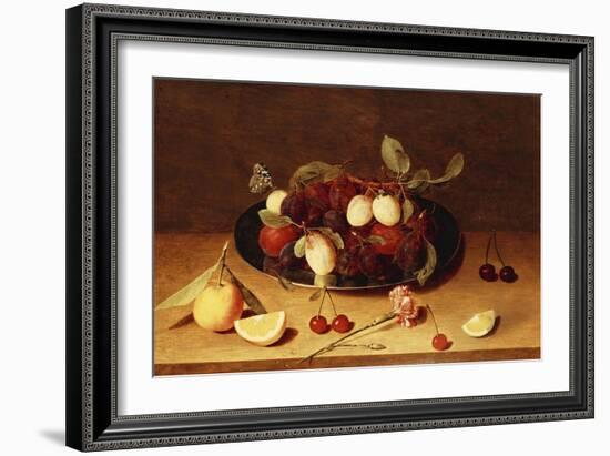 Plums and Peaches on a Pewter Dish with Cherries and a Carnation on a Table-Jacob van Hulsdonck-Framed Giclee Print