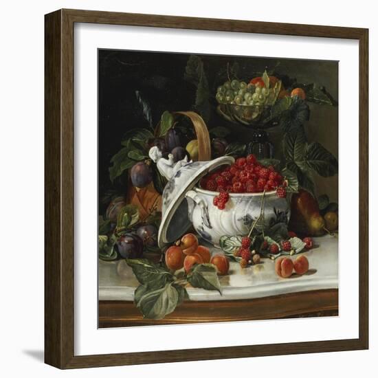 Plums, Grapes and Raspberries in a Porcelain Tureen, 1885-Sophus Pedersen-Framed Giclee Print