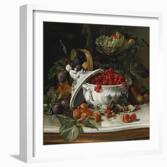 Plums, Grapes and Raspberries in a Porcelain Tureen, 1885-Sophus Pedersen-Framed Giclee Print